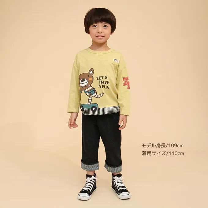 日本 ZOOLAND - 可愛熊口袋條紋反摺七分褲-貓熊-海軍藍