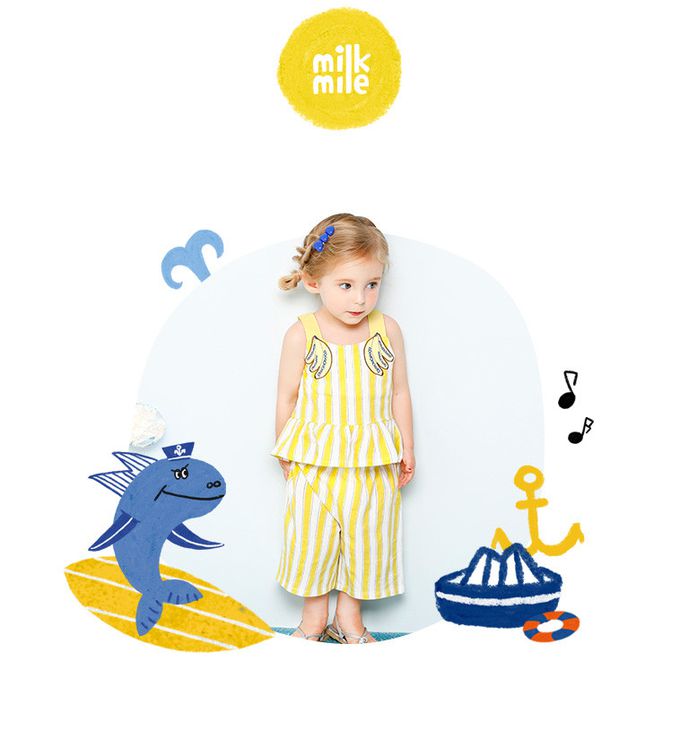 韓國 milk mile - 香蕉刺繡直紋背心套裝-黃X白