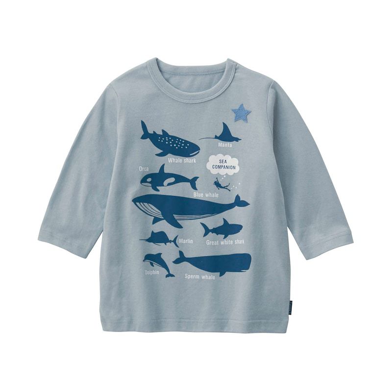 日本千趣會 - GITA 純棉印花七分袖上衣-海洋世界-灰藍