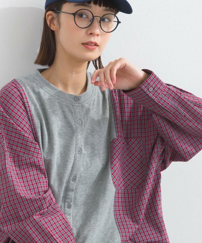 日本 Lupilien - 可愛格子拼接裏毛休閒襯衫-黑白