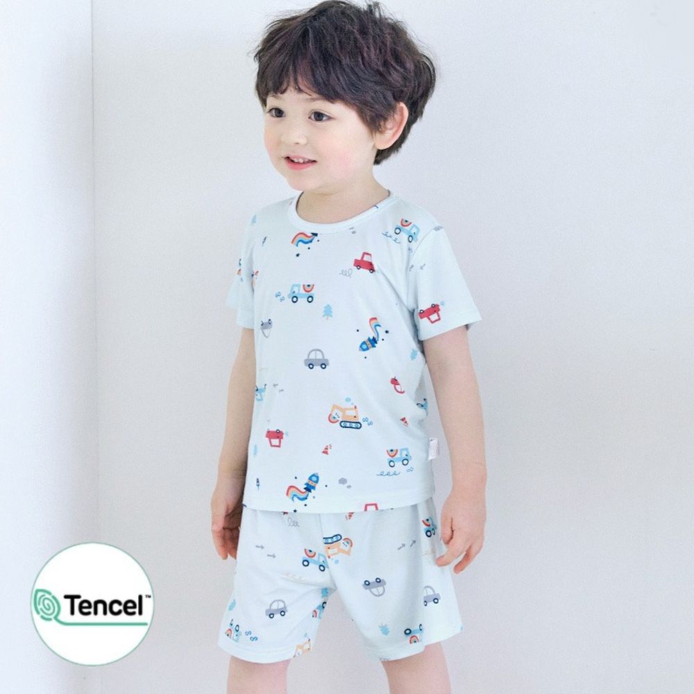 天絲莫代爾透氣短袖家居服-繽紛交通工具-天藍