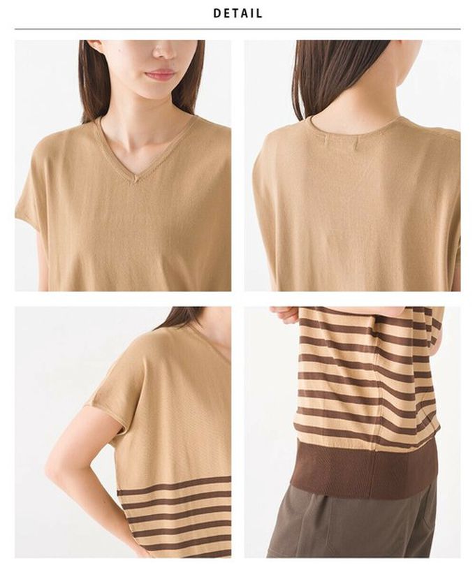 日本 OMNES - 接觸冷感 優雅小V領短袖上衣-棕色系條紋