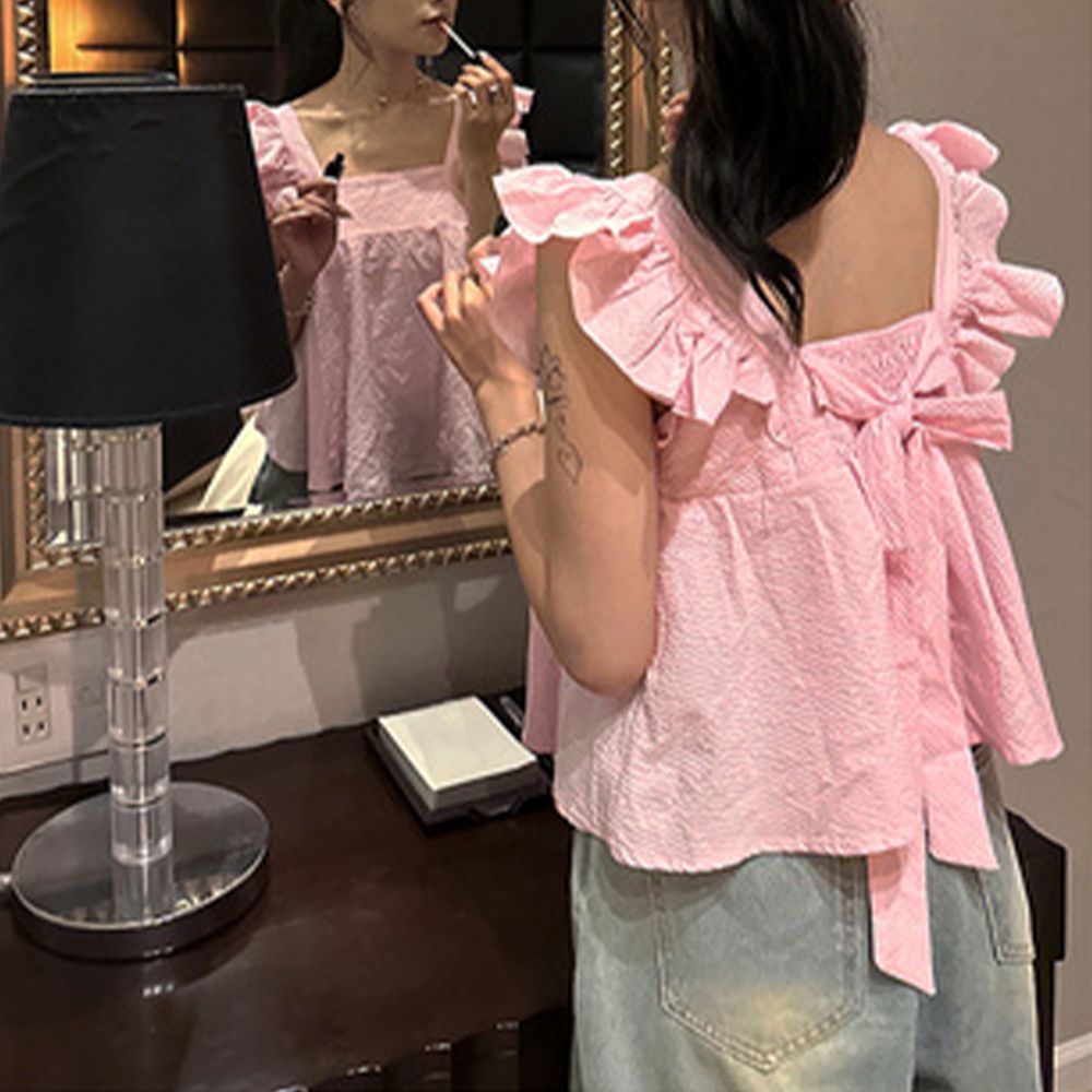 甜美荷葉背後綁帶傘狀背心-嫩粉紅 (M)