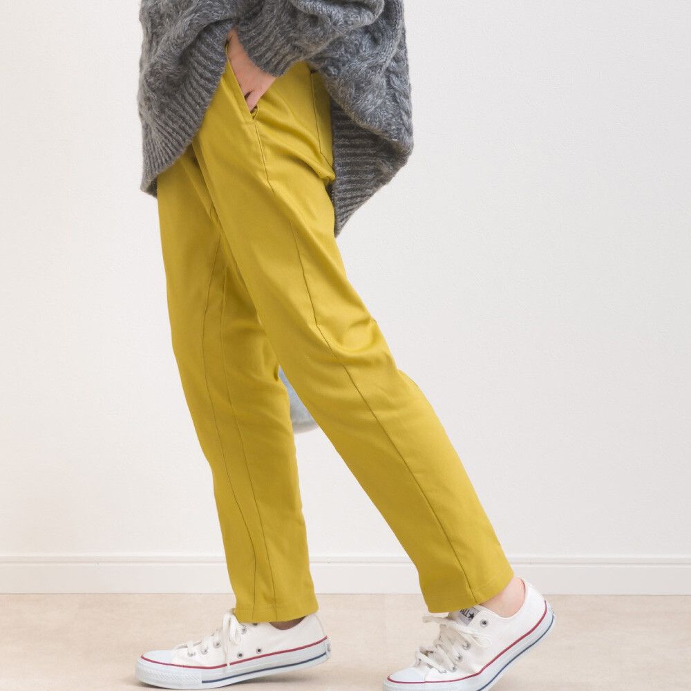 美腳彈性內刷毛錐形長褲(後腰鬆緊)-芥末黃