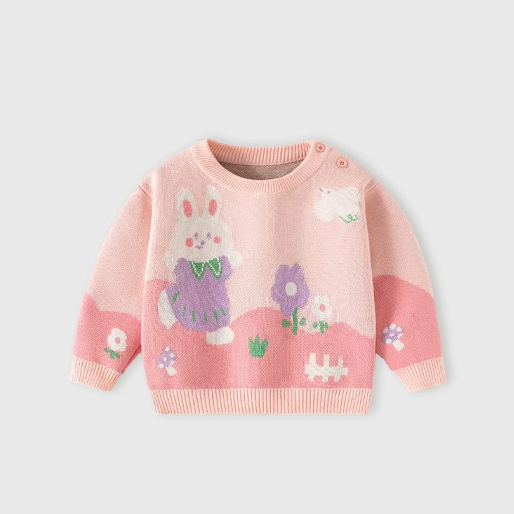 純棉圓領針織長袖上衣-快樂小兔-粉色