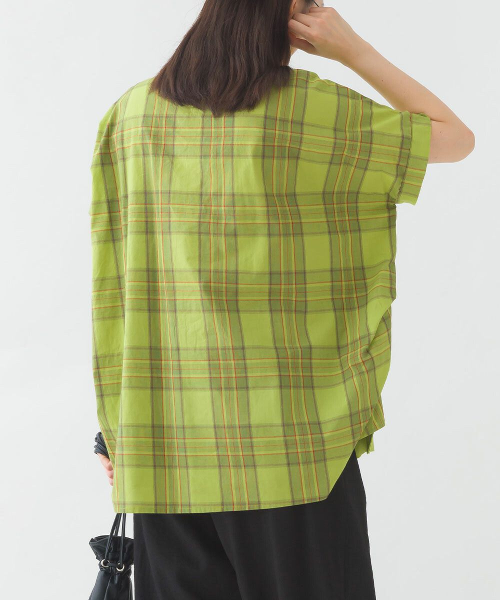 日本女裝代購 - 100%印度棉格紋拼接短袖上衣-深藍