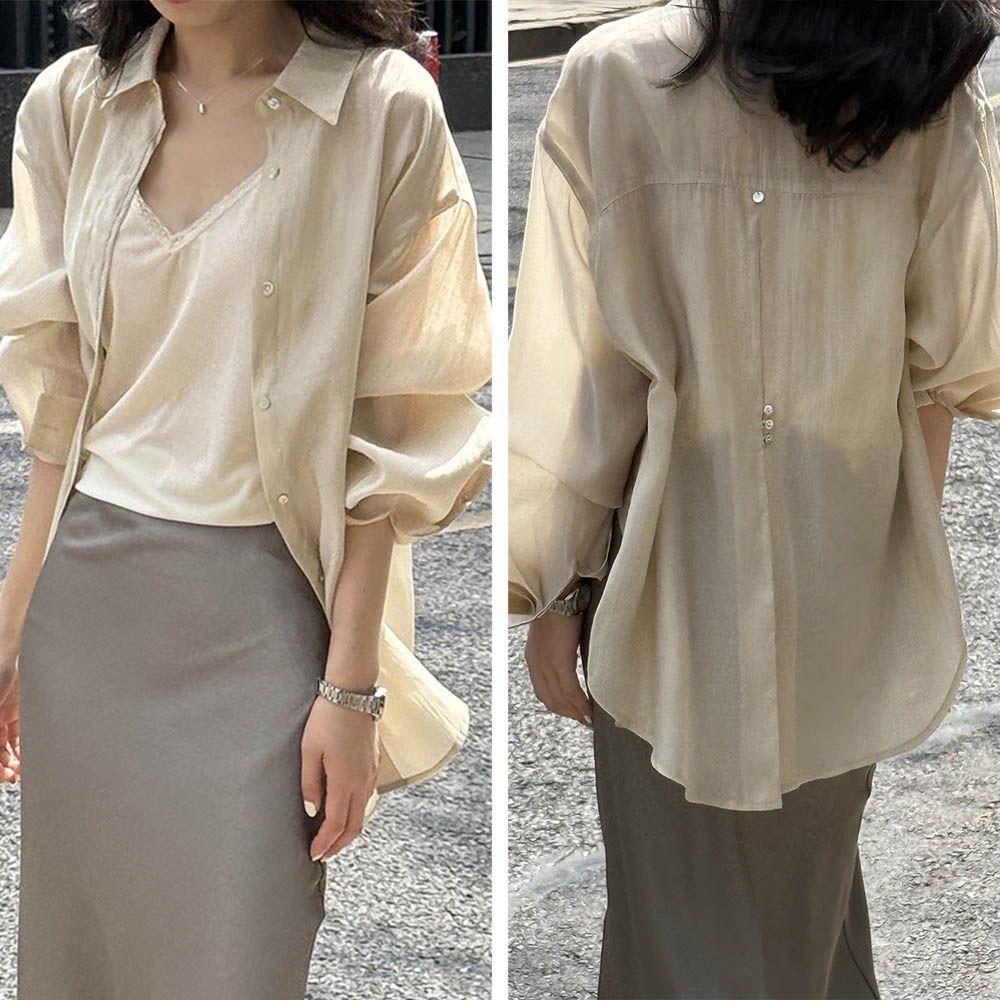 透膚感薄長袖襯衫-後開衩貝殼釦-香檳杏