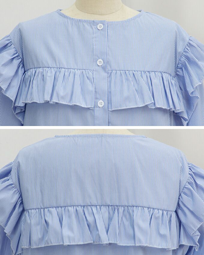 日本 BLUE EAST - 青澀回憶荷葉邊長袖襯衫-湖水綠