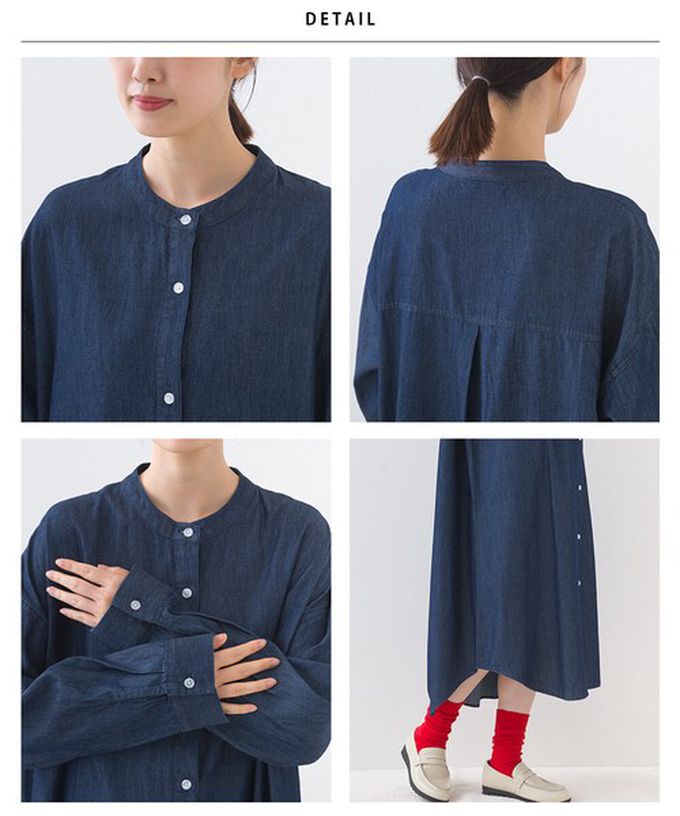 日本 OMNES - 柔軟丹寧風輕盈圓弧下擺長袖洋裝-淺藍