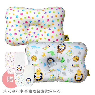 PUKU 藍色企鵝 - Breeze 透氣雲朵枕/護頭枕-2 入組-動物家(水色)x1+筆刷點點x1-買贈印花吸汗巾-顏色隨機出貨x4條入