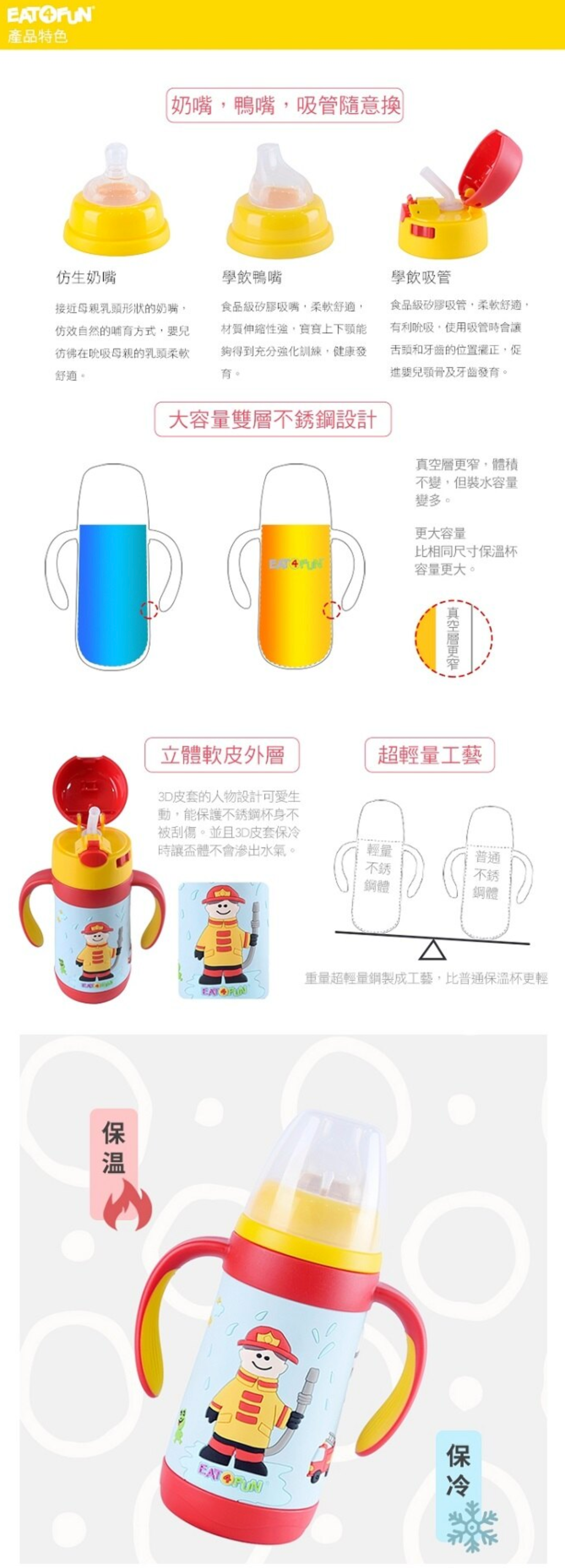 EAT4FUN - 3D不鏽鋼四合一保溫杯-大英雄-紅色 (300ml)-奶嘴一個,鴨嘴一個,吸管一組,背帶一個