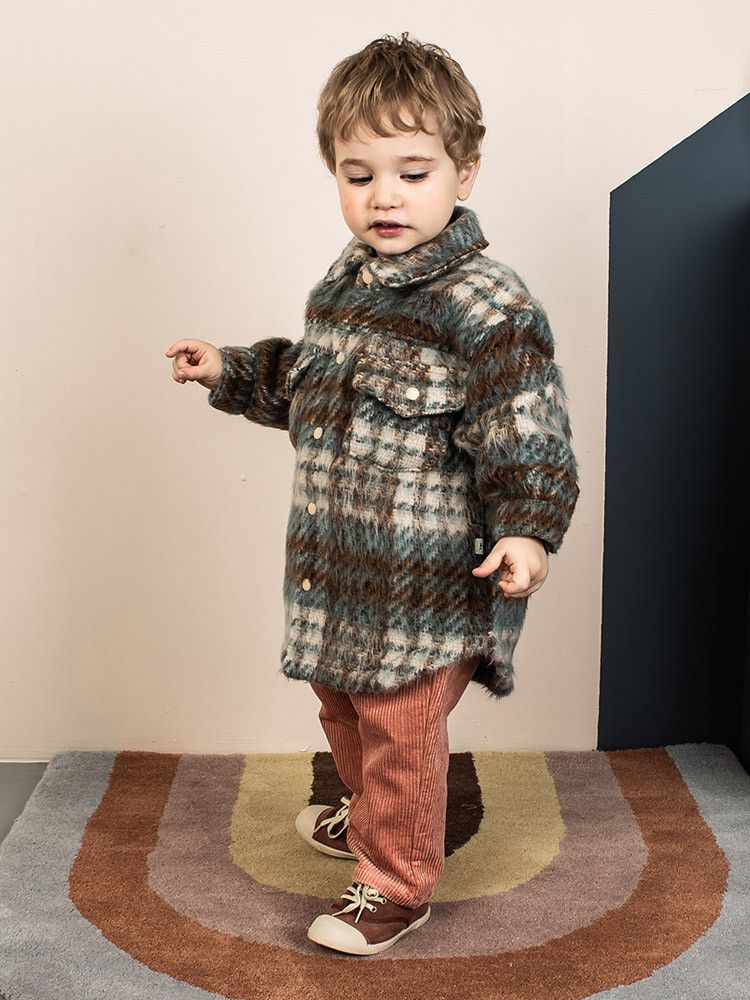 韓國Pimpollo - 藍格紋襯衫型保暖外套-棕