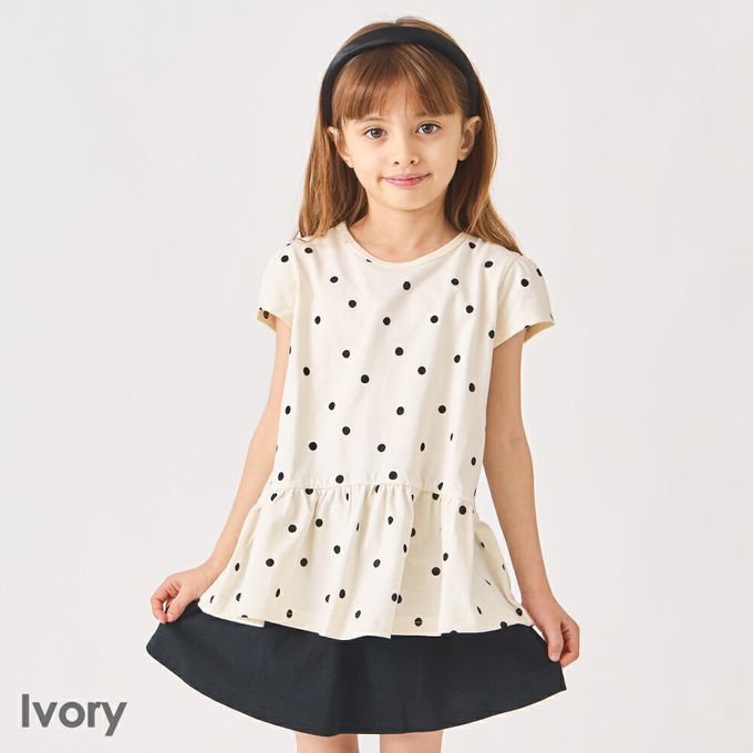 日本 evercloset - 100%棉 層次荷葉衣襬短袖上衣-點點-白