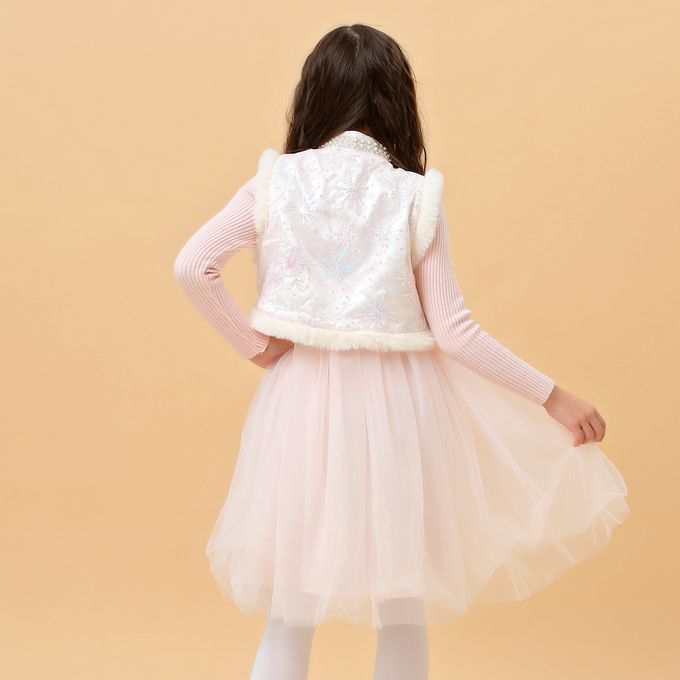 love, charlotte - 冬季冰雪刺繡亮片棉襖背心公主洋裝-背心+洋裝+珍珠髮箍