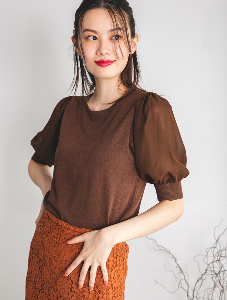 日本 fifth - 異材質拼接澎袖圓領五分袖上衣-咖啡