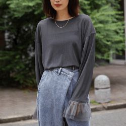 日本 Bab - 雙層薄紗拼接俏麗長袖上衣-炭灰