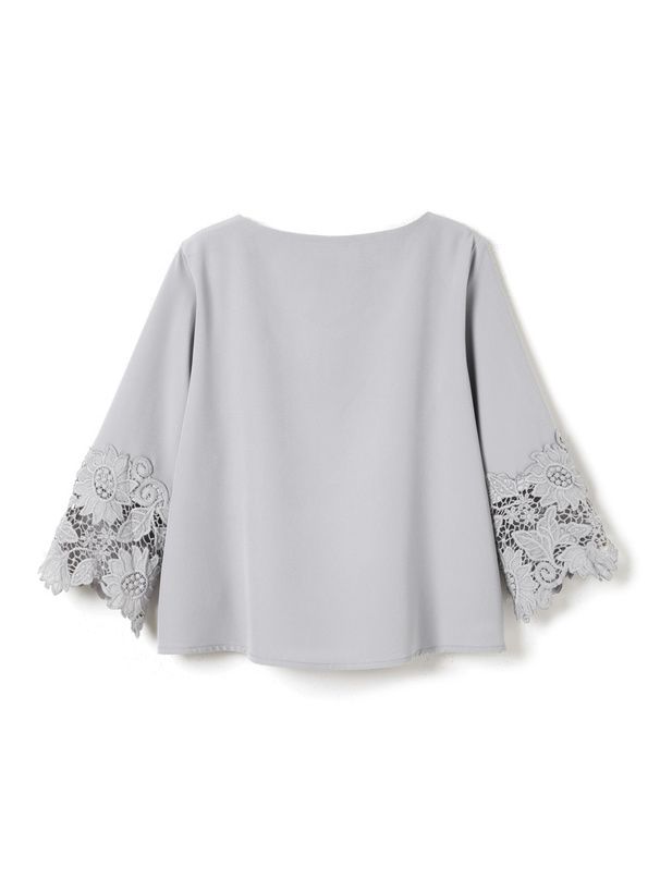 日本 GRL - V領花朵蕾絲拼接長袖上衣-灰藍