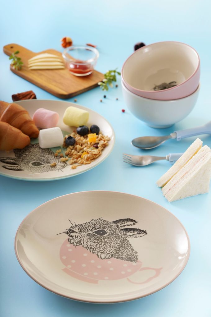 BLOOMINGVILLE - 北歐森林.兔來運轉系列-小碗二入（一藍一粉）： 直徑11.5 x 高6.5 cm  餐盤二入（一藍一粉）： 直徑 21 x 高 2 cm