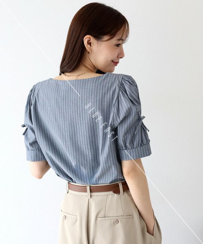 日本 BLUE EAST - 甜美可愛蝴蝶結點綴短袖上衣-黑 (M)