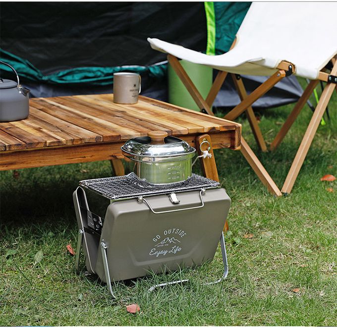 日本CAPTAIN STAG - 可折疊收納桌上型V型烤肉架 (卡其色)