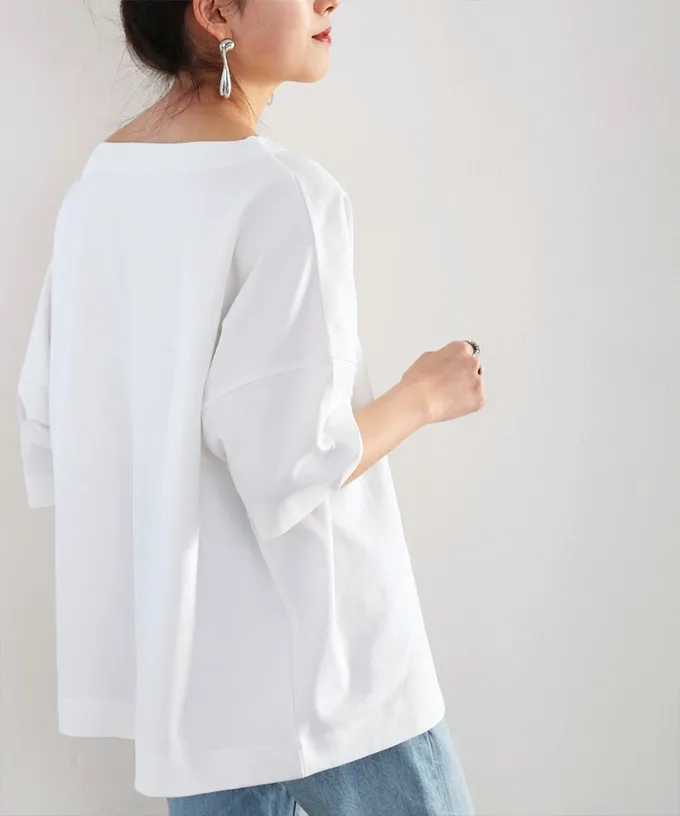 日本 Classical Elf - 船領顯瘦落肩五分袖上衣-白