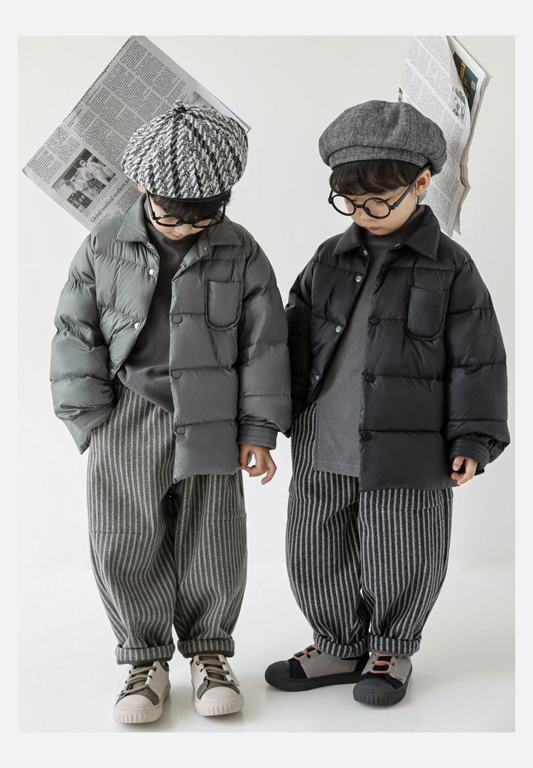 TONGMO - (加絨)小紳士腰鬆緊休閒條紋寬褲-黑+灰