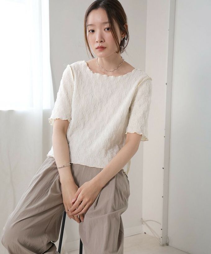 日本 Bab - 前後穿清爽皺褶短袖上衣-象牙白