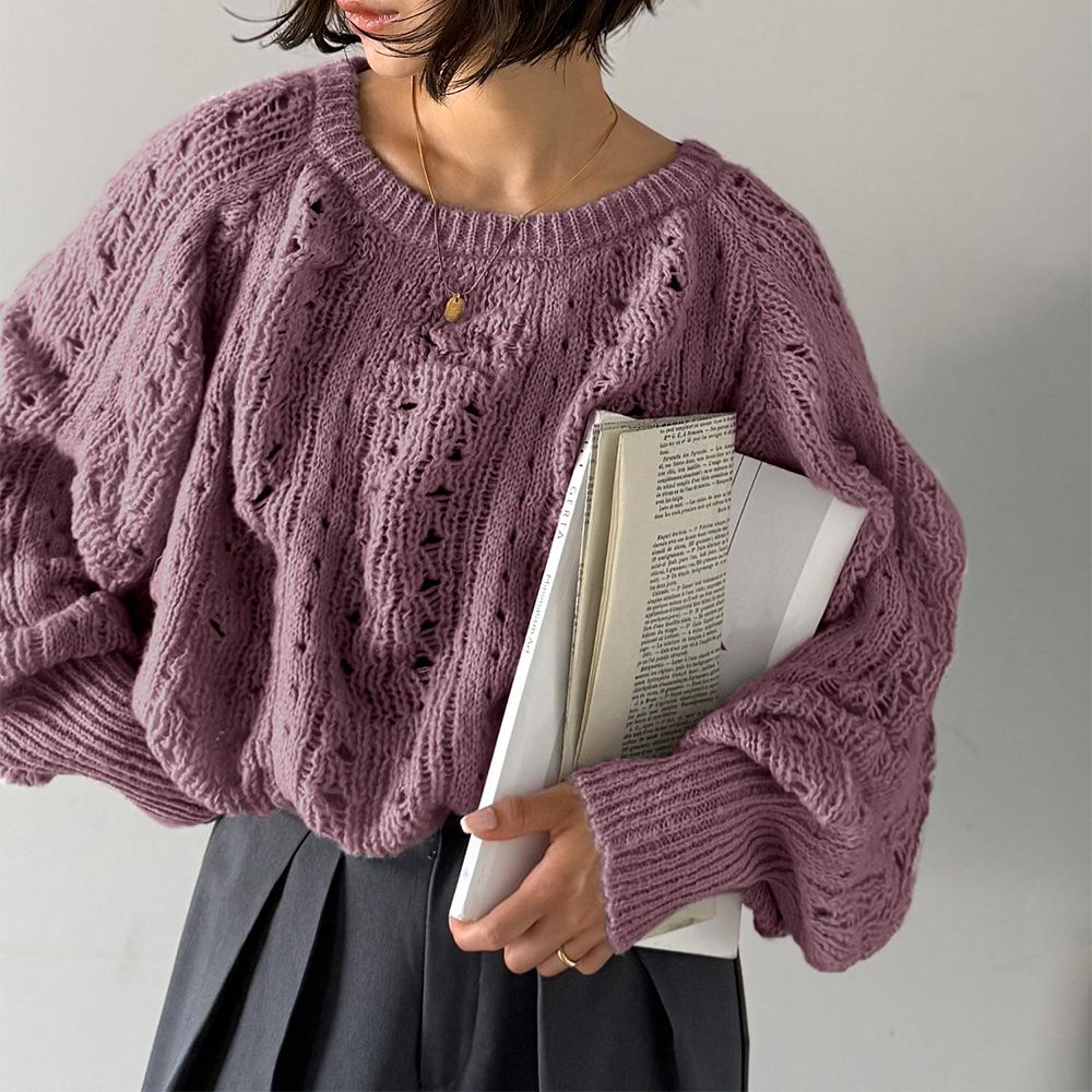 蓬鬆鏤空寬袖針織上衣-莓果紫
