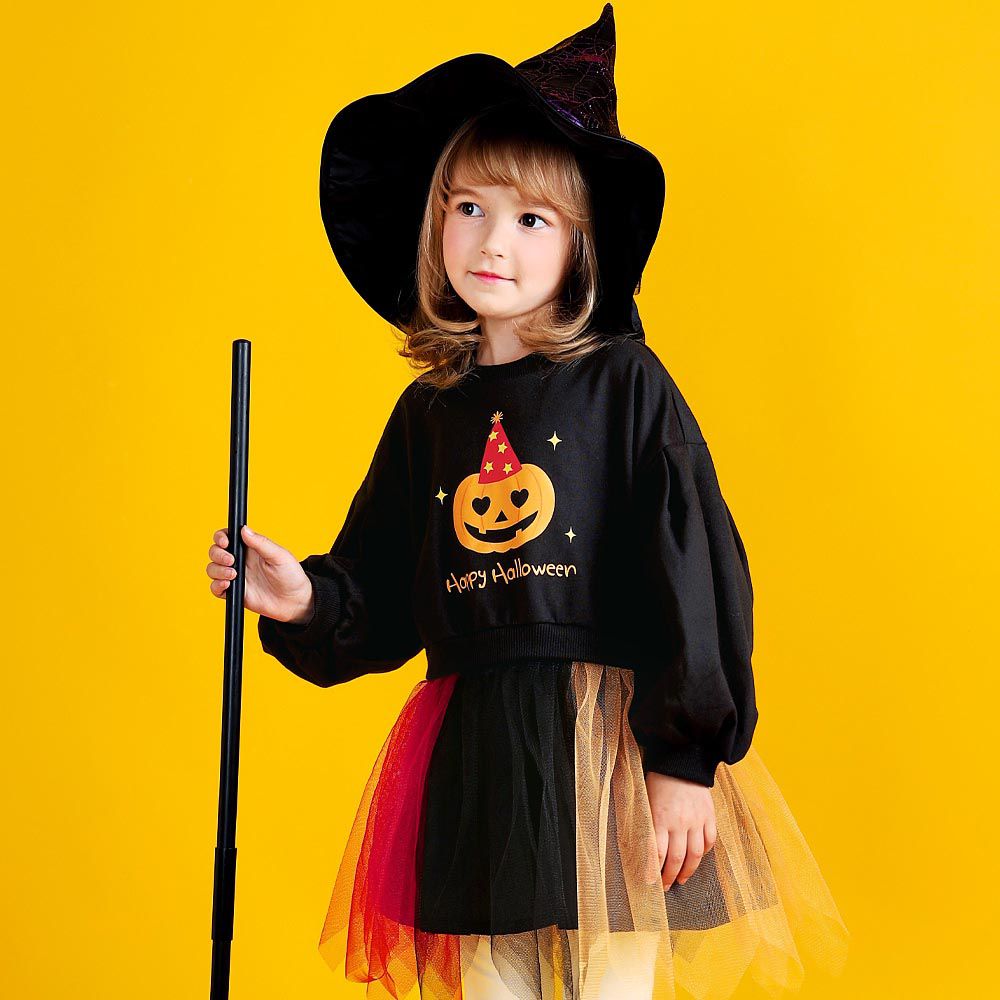 假兩件萬聖節拼接網紗洋裝-南瓜-黑