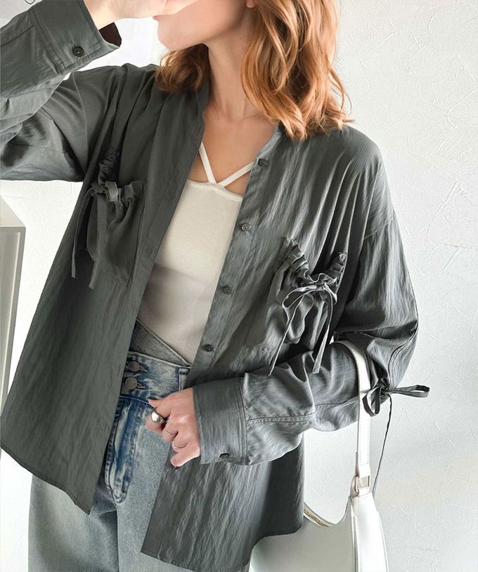 日本 Classical Elf - 大人的可愛感綁帶寬版襯衫-灰