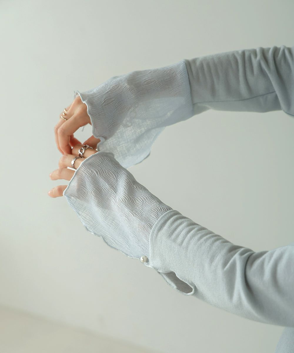 日本 Bab - 楊柳拼接珍珠薄長袖上衣-米杏