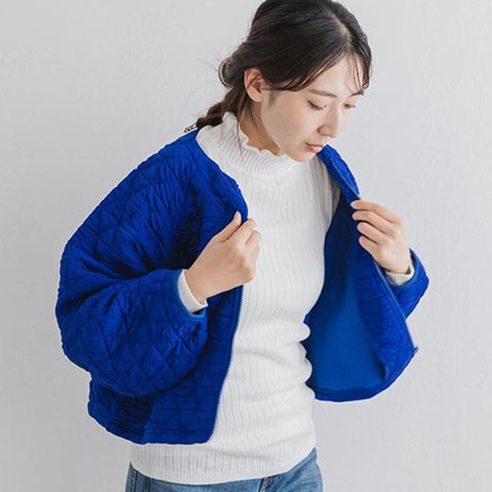 日本 ihuu - 輕盈感絎縫澎袖拉鍊外套-寶石藍