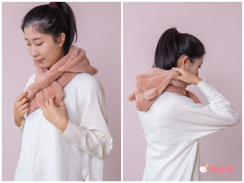 日本 AUBE - 毛茸茸保暖圍脖帽(親子通用款)-熊耳造型-粉紅 (Free size)