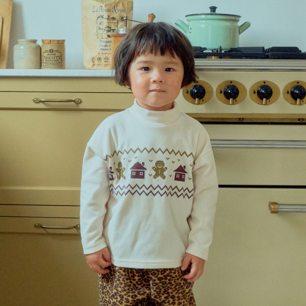 First Blue 可愛印花彈力中領長袖上衣-薑餅人-米白