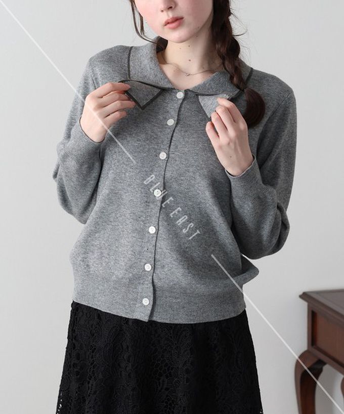 日本 BLUE EAST - 甜美蝴蝶結勾邊領針織上衣開襟衫-象牙白 (M)