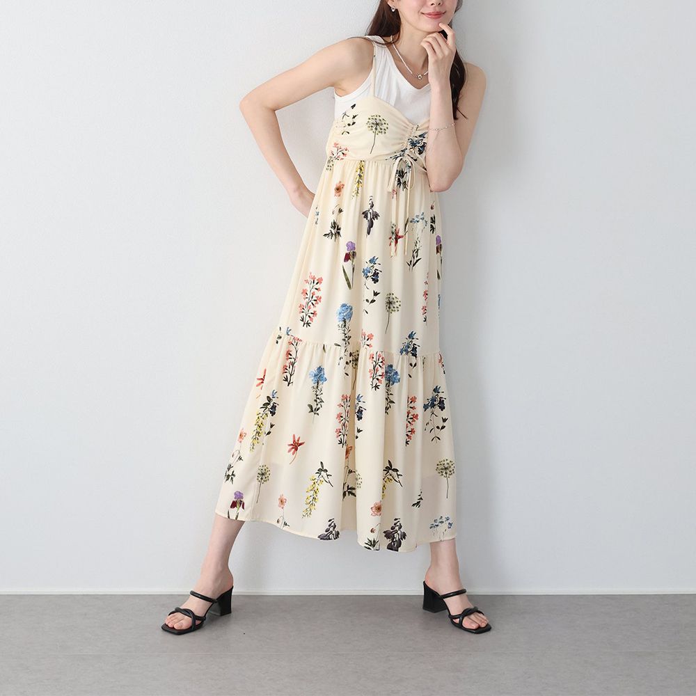 優雅皺摺度假花卉吊帶洋裝-米杏 (M)