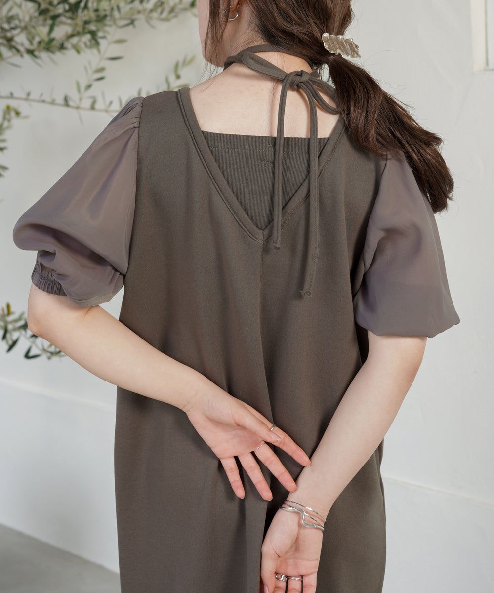 日本 Bab - 優雅綁帶V領泡泡袖洋裝-淺摩卡