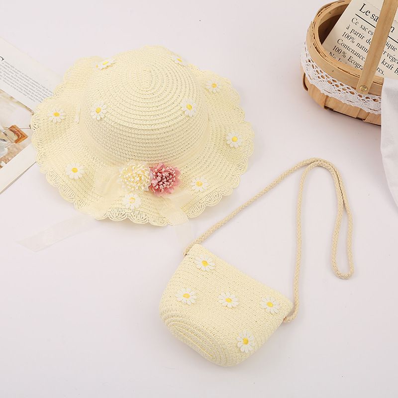 小仙女不規則大帽簷草帽/遮陽帽(附小背包)-編制花-杏色 (建議2-8歲)