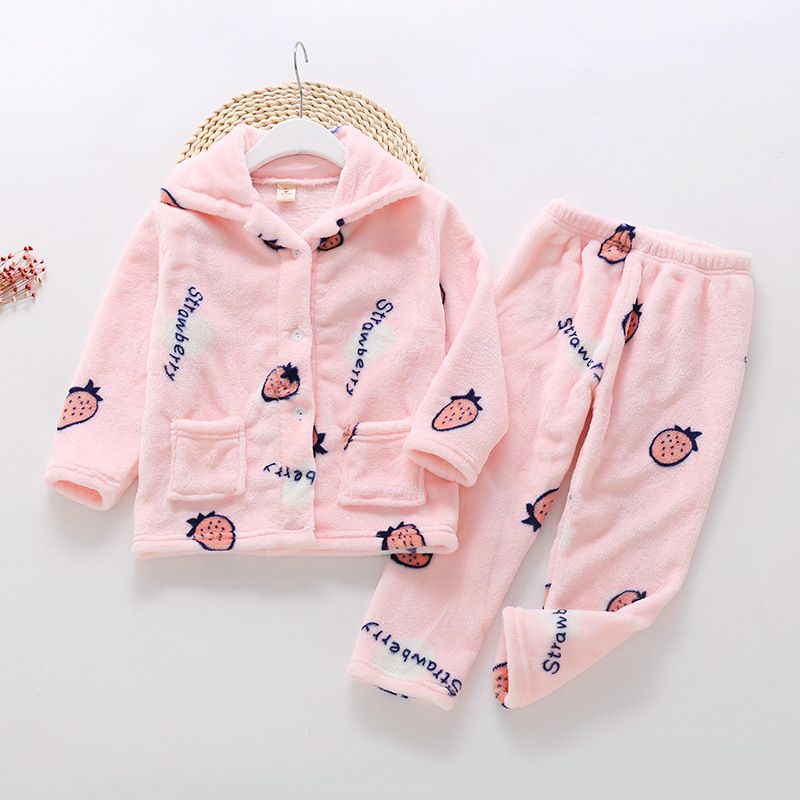 超柔軟珊瑚絨開扣睡衣-藍色草莓