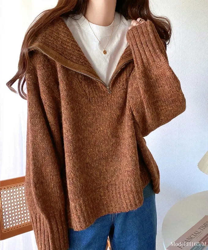 日本 Classical Elf - Java 半拉鏈率性寬鬆素面毛衣-米杏