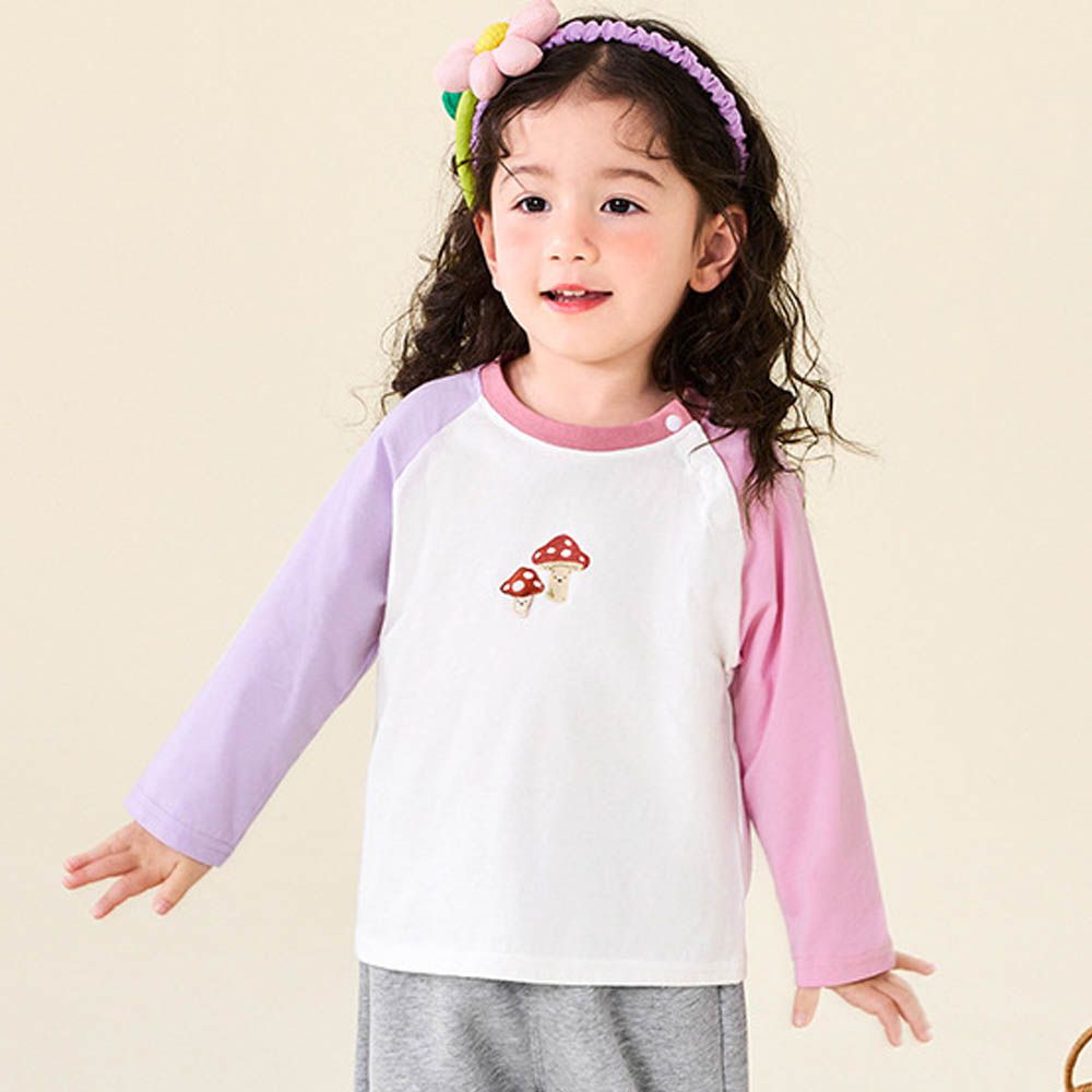 純棉圓領長袖上衣-小蘑菇-粉紫拼色