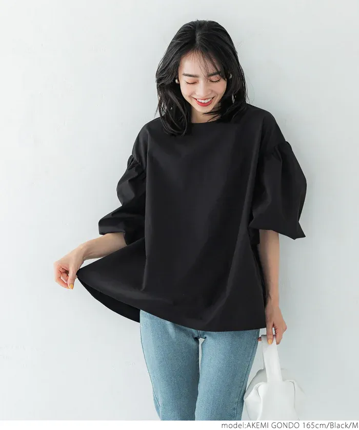 日本 COCA - 經典浪漫圓領澎澎袖上衣-深藍