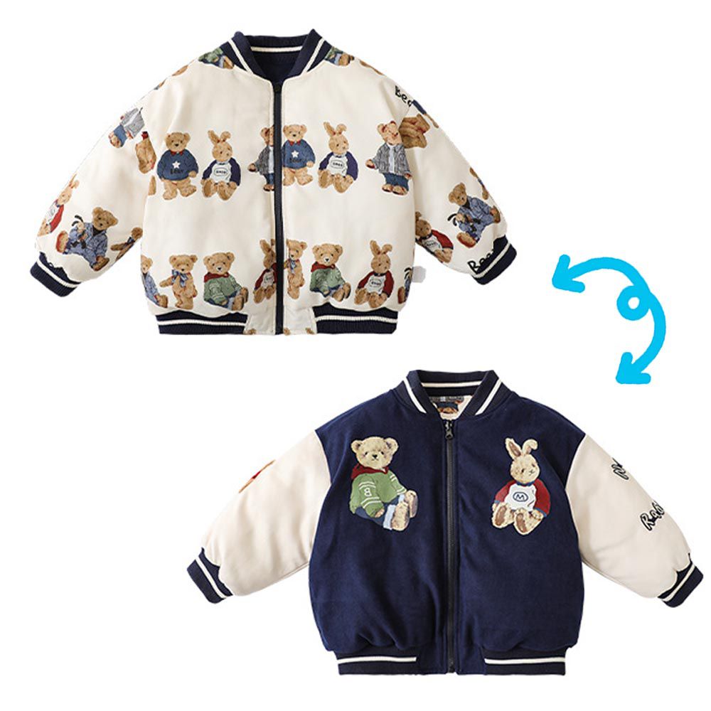 TONGMO - (雙面穿)刺繡保暖長袖棒球外套-熊熊+兔子-深藍色