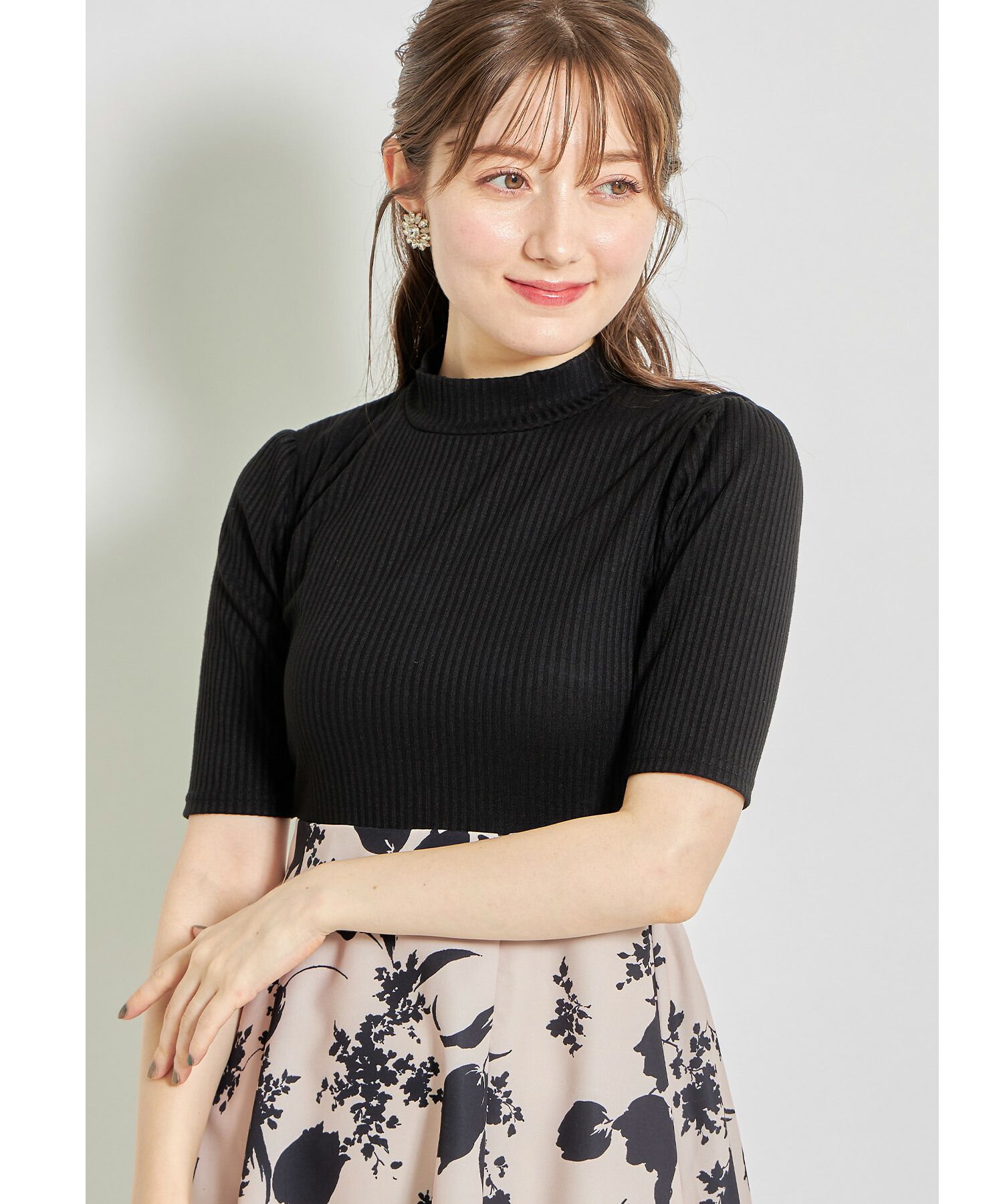 日本 tocco-closet - 修身羅紋拼接洋裝-鬱金香-黑x杏