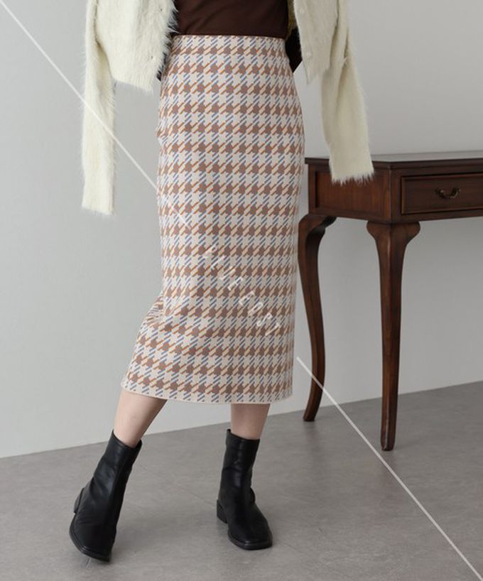 日本 BLUE EAST - 氣質千鳥格針織開叉合身長裙-黑灰