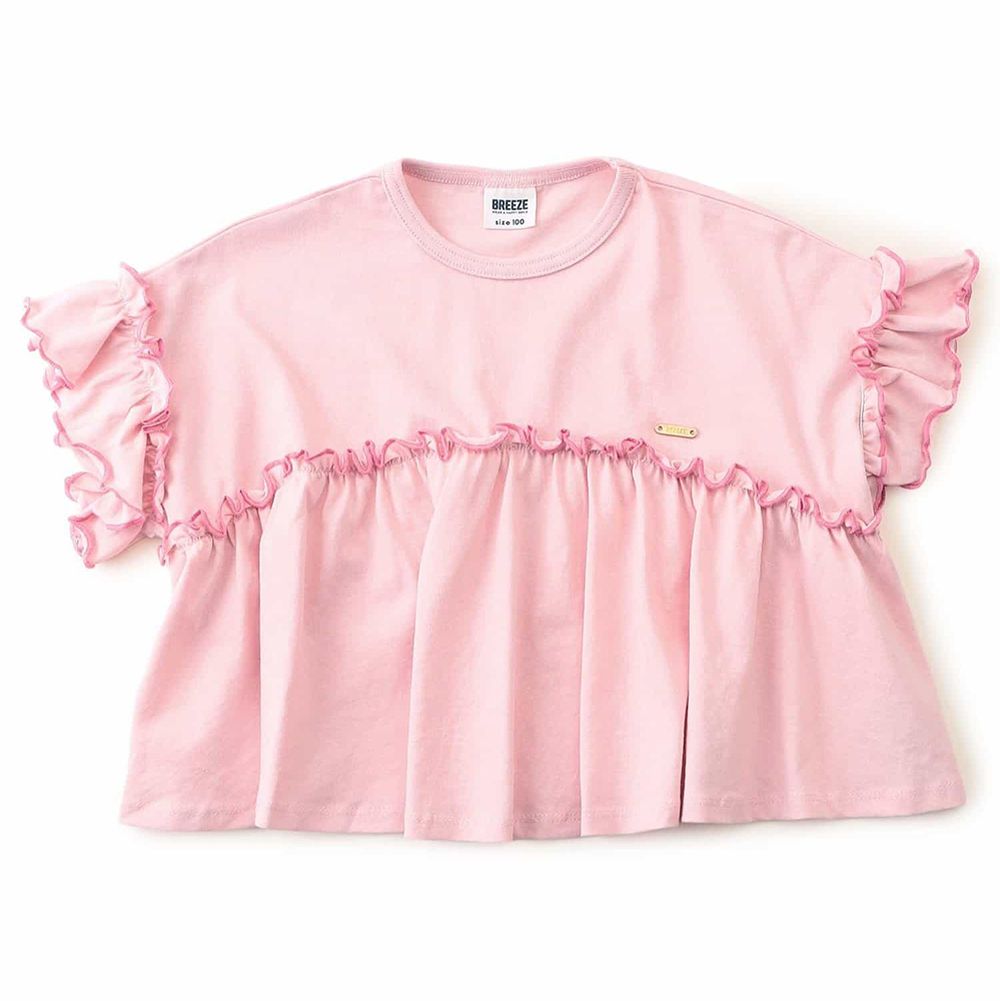 QQ木耳邊傘擺落肩短袖上衣-粉紅