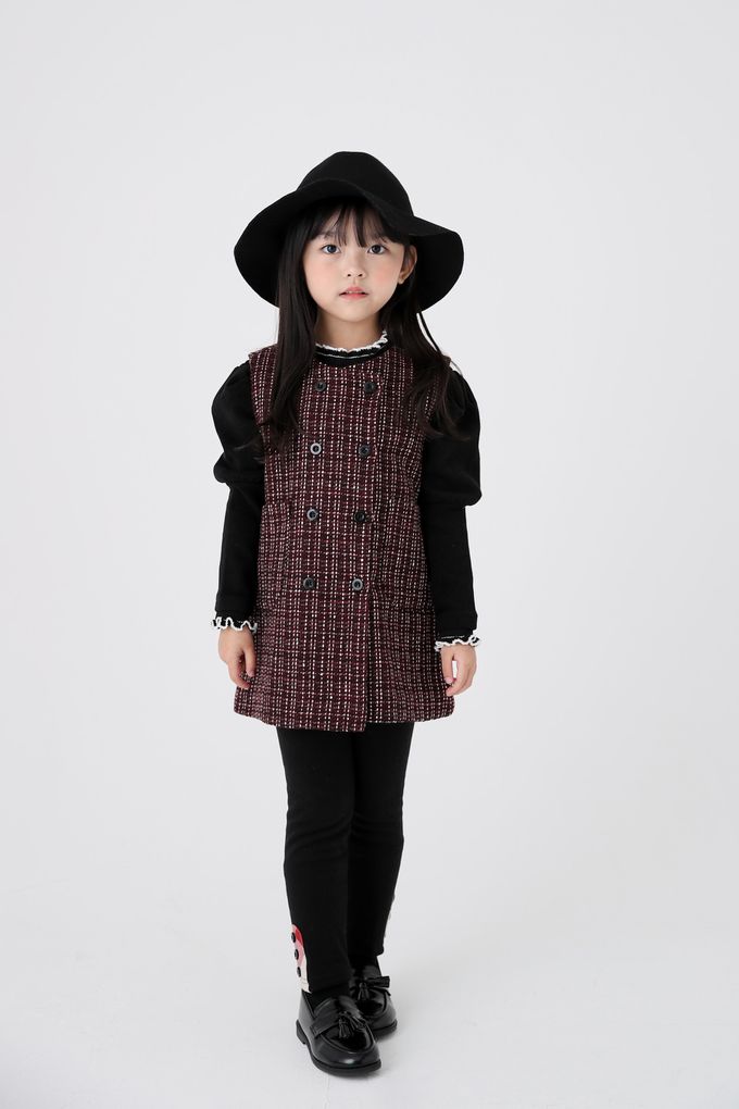 韓國 Coco Bang - 雙排鈕釦裝飾混羊毛背心洋裝-酒紅