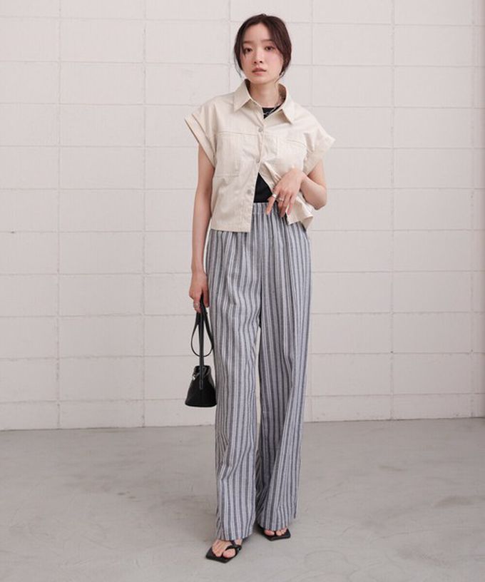 日本 Bab - 簡潔舒適混棉細肩帶長褲套裝-條紋-卡其杏 (M)