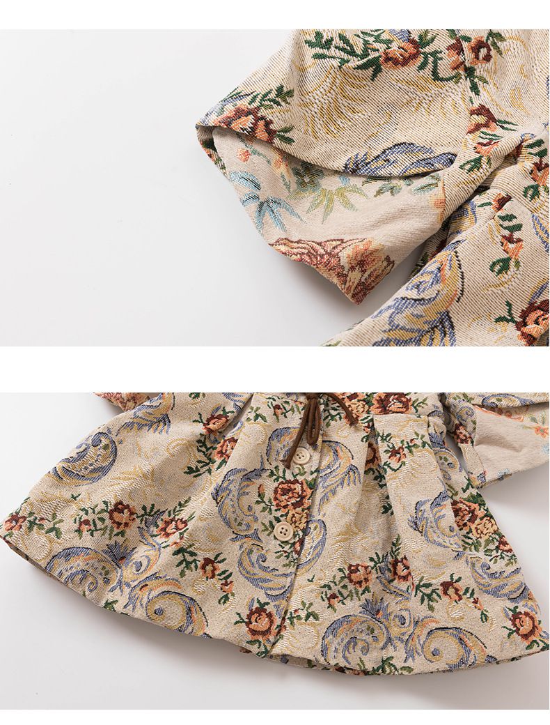 復古油畫風長版外套-花花-奶咖啡色