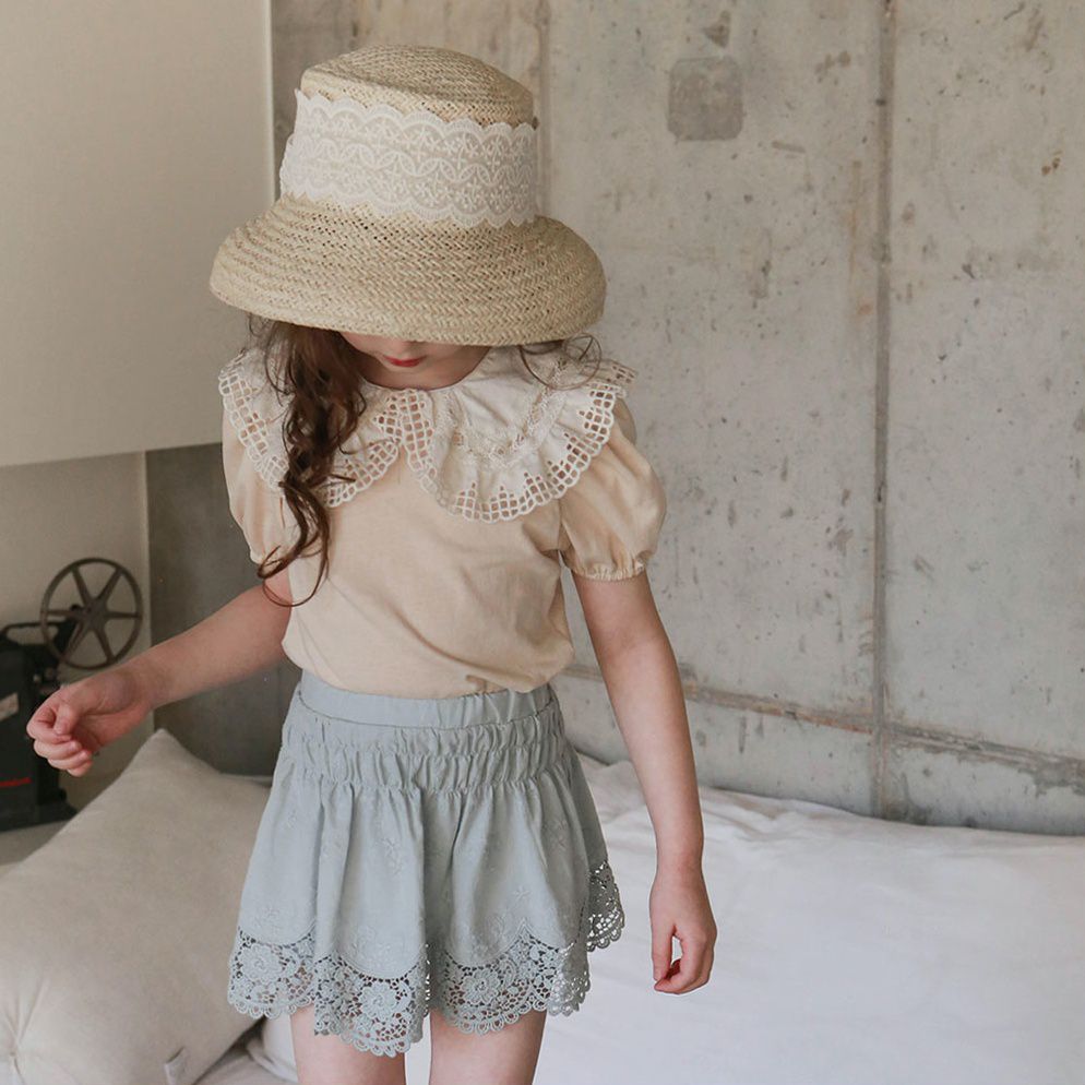 韓國 PuellaFLO - 鏤空格子大白領上衣-蜜桃粉